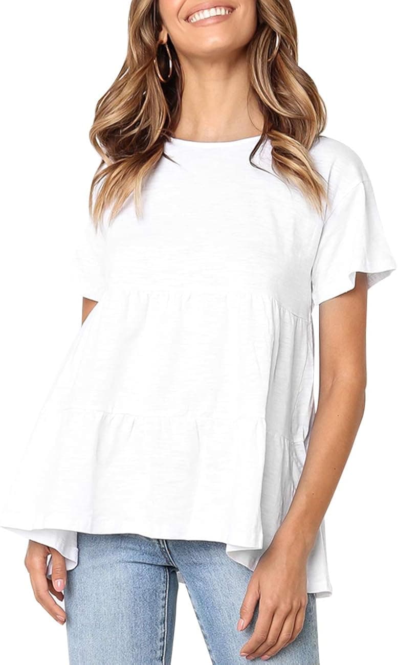 Kimiee Women's Short Sleeve Flounce Blouse Loose Solid Ruffle High Low Hem Tunic Top Casual Round Neck T Shirt