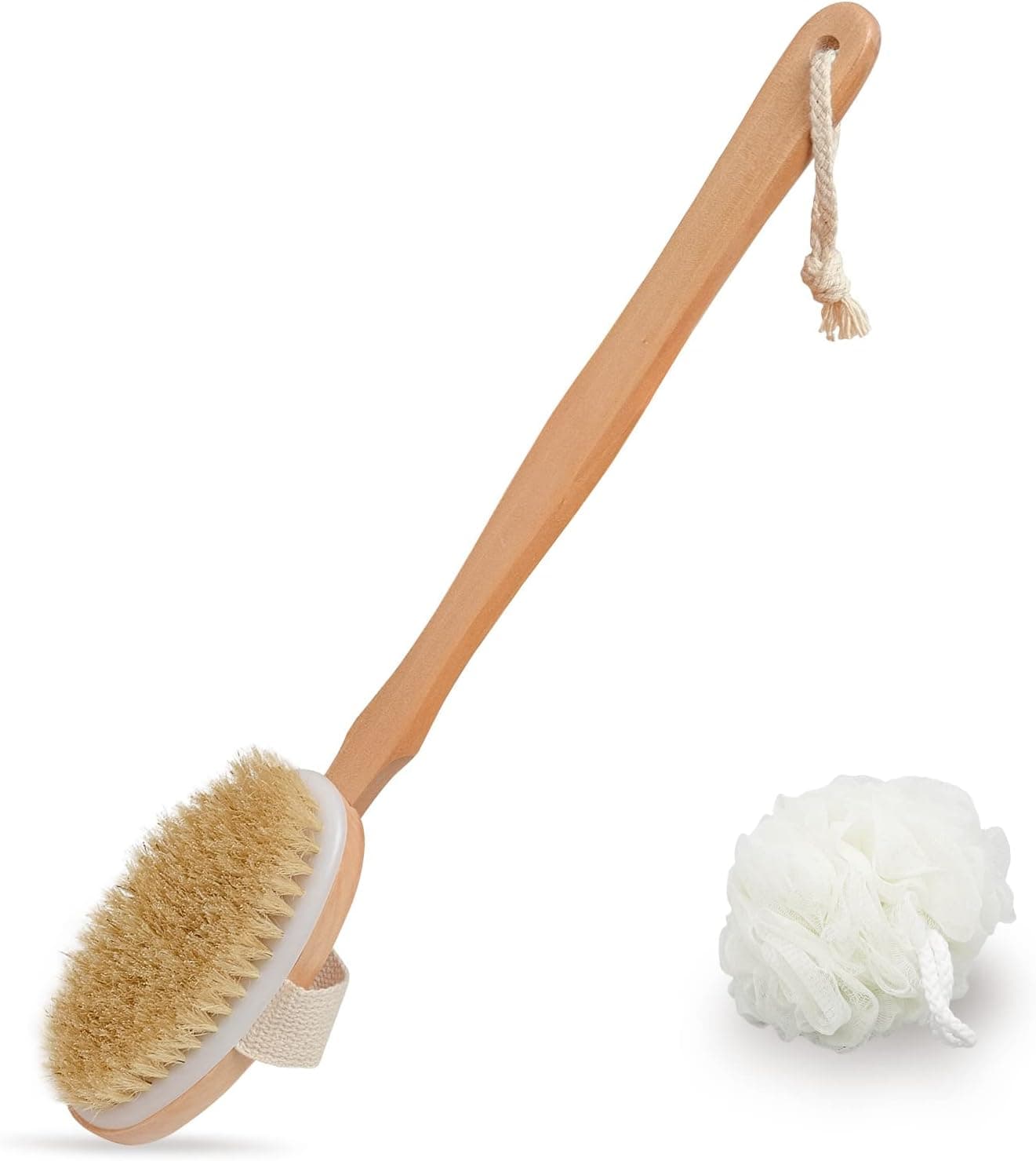 Body Brush for Bath or Shower - Dry or Wet Skin Exfoliating Long Wood Handle Back Scrubber with White Sponge