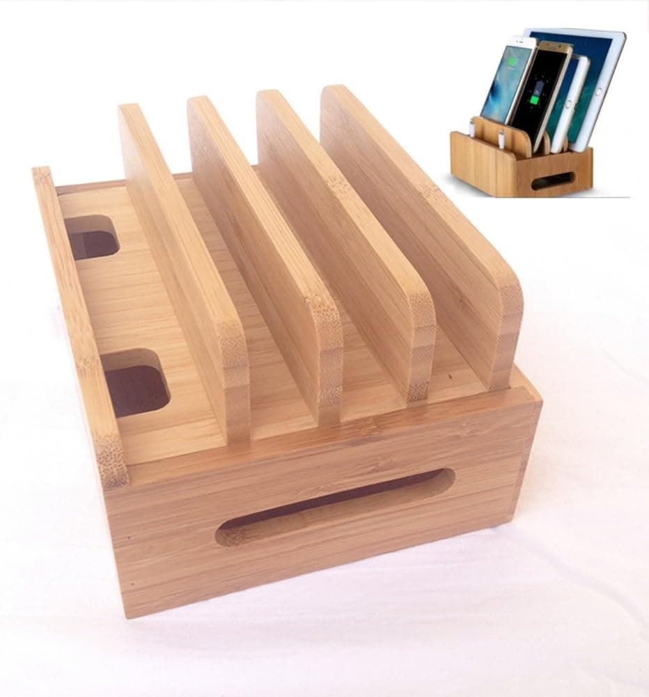 HoststyleZ Eco-Friendly Bamboo Charging Station Dock with Drawer, Charging Stand Bracket Organizer For Multiple Devices - Cellphones, Tablets, IPAD, Charging Cables