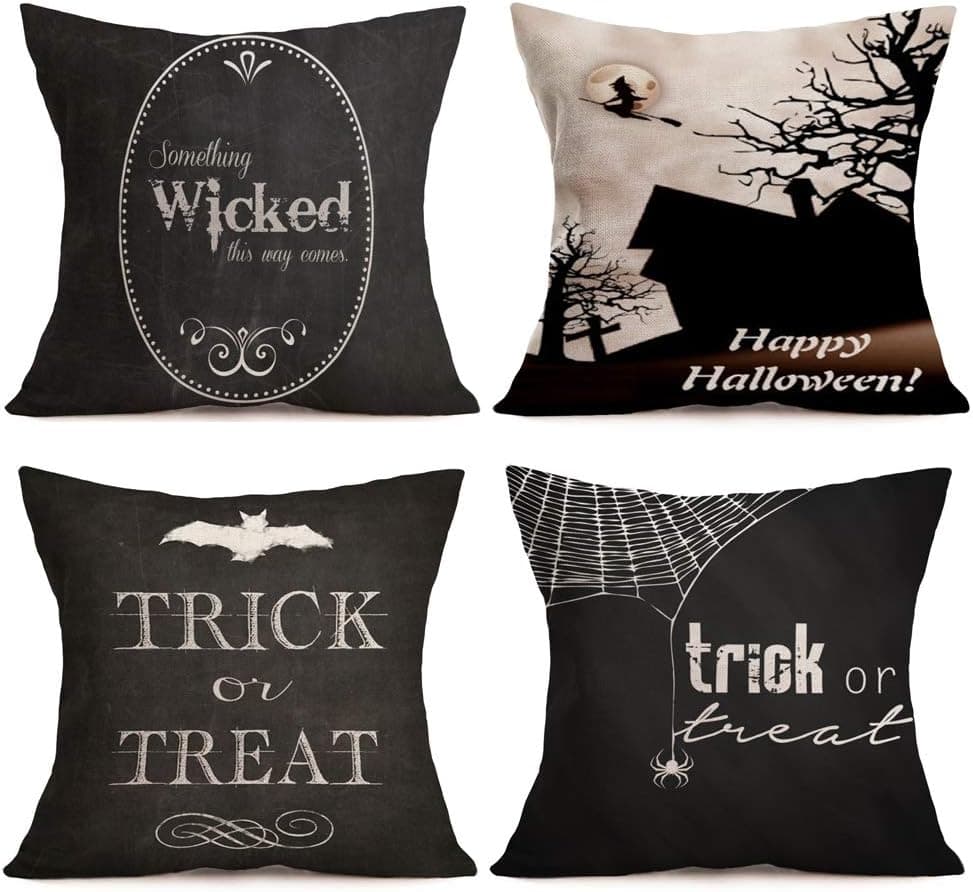 Aremazing Happy Halloween Black Style Cotton Linen Home Décor Pillowcase Throw Pillow Cushion Cover 18 x 18 Inches Set of 4 Trick or Treat (Set of 4 Happy Halloween)