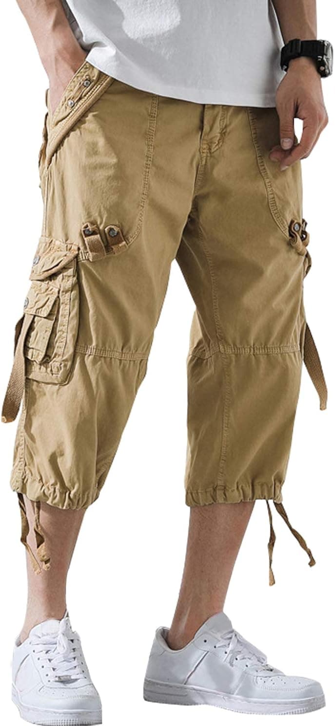 chouyatou Men's Outdoor Multi-Pocket Straight Leg Twill Beach Capri Cargo Shorts