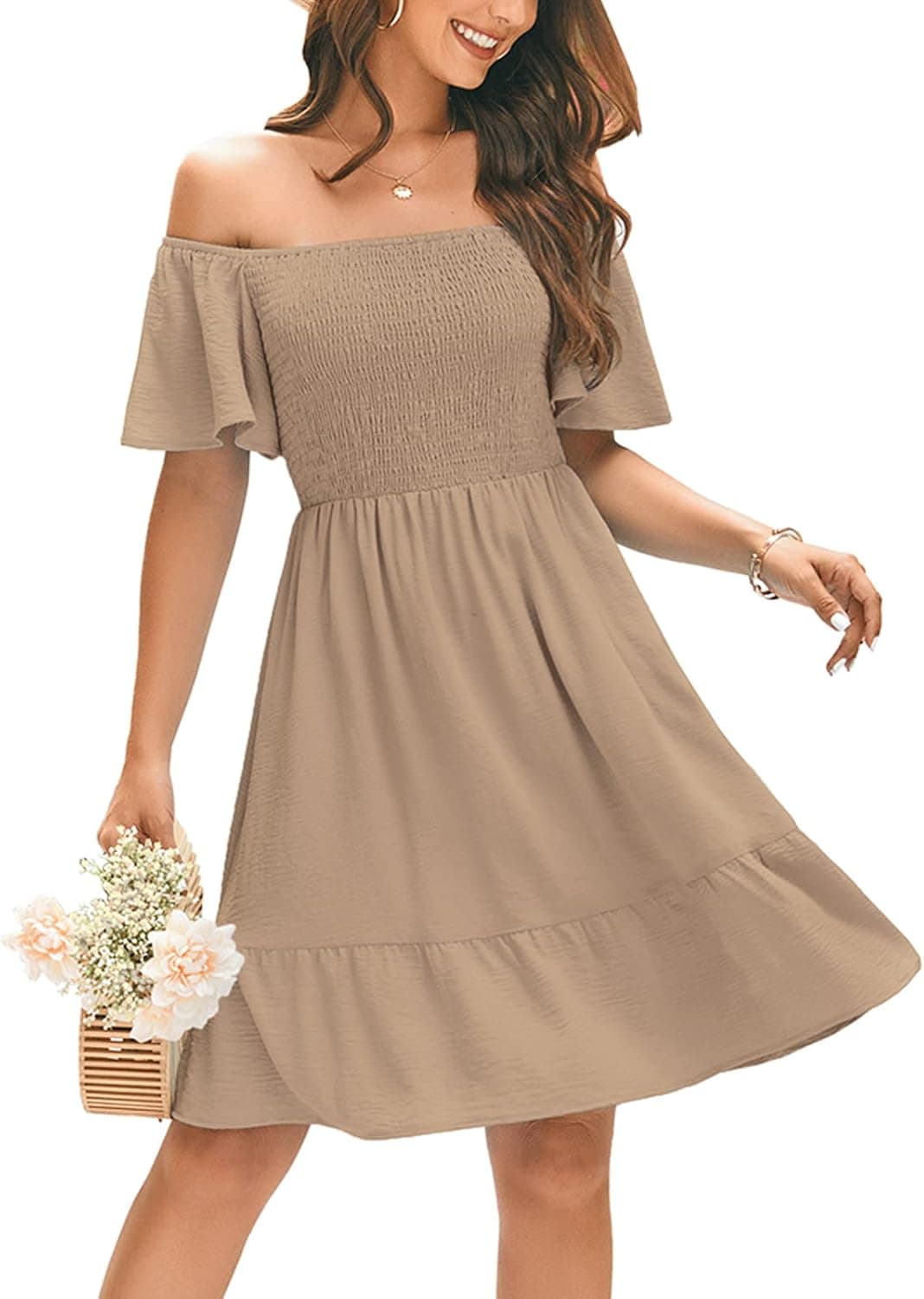 Niitawm Women's 2023 Summer Dresses Off Shoulder Short Sleeve Smocked Elastic High Waist A Line Beach Mini Dress