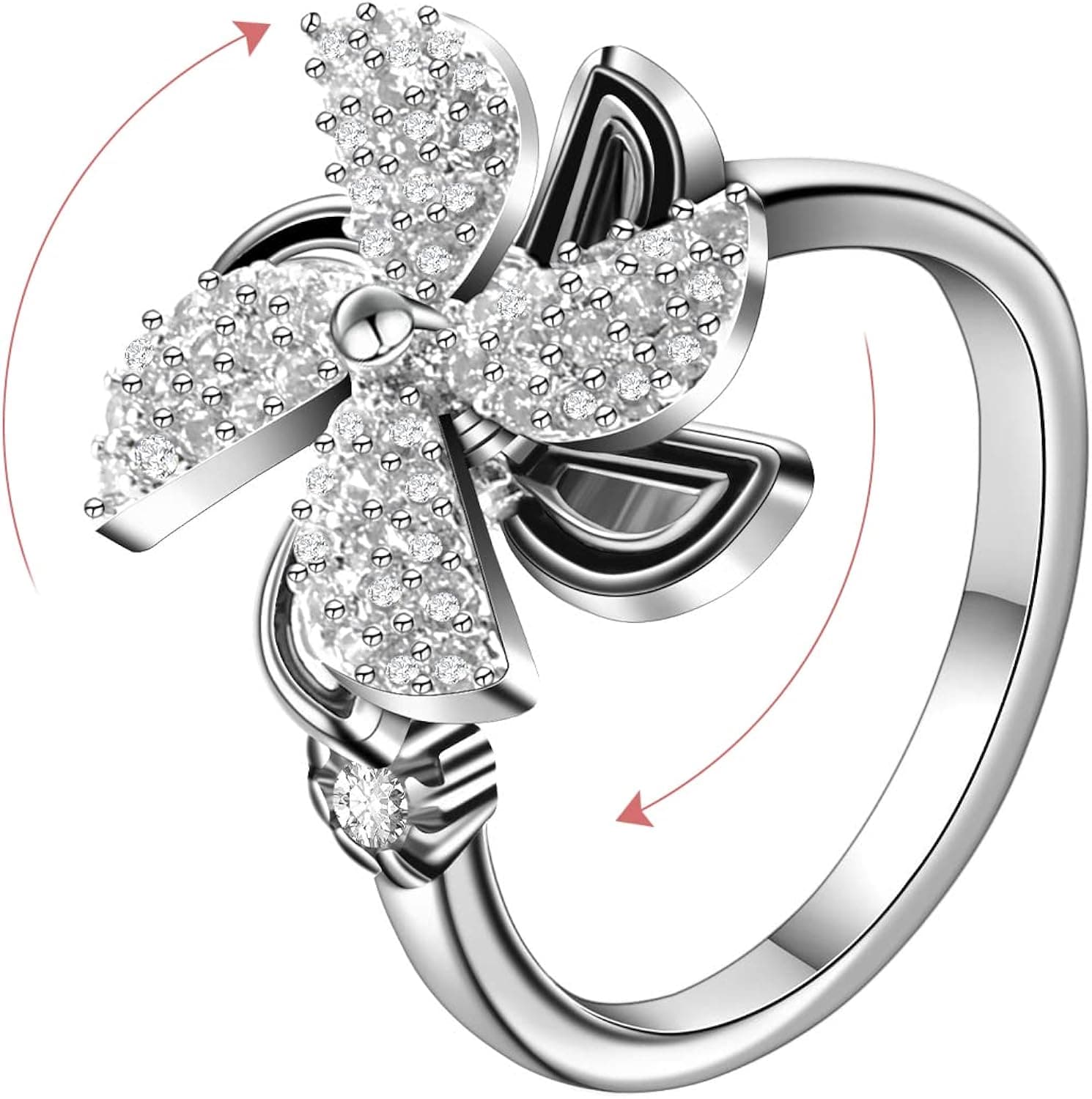 S925 Sterling Silver Fidget Rings for Women Adjustable Open Ring Cubic Zirconia Windmill Spinner Rings