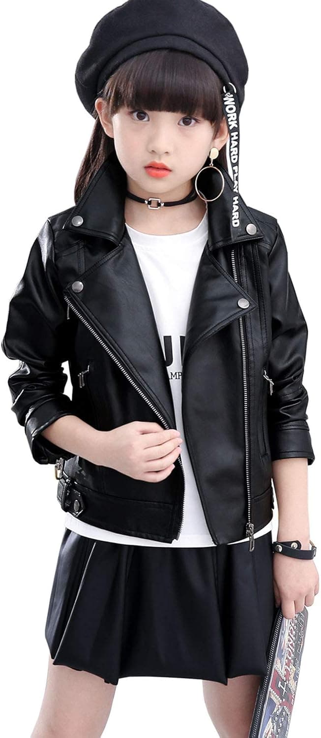 Hellomamma Girls Leather Jacket Motorcycle Faux Outerwear Kids Soft PU Outfit Children Zipper Coats with Pockets