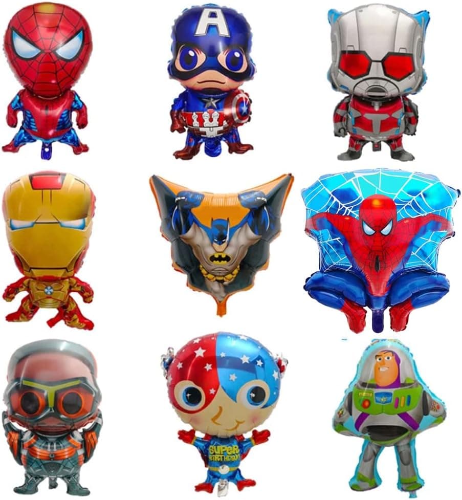 9 packs LOVSONG Superhero Balloons IRON Balloons Spider Balloons BAT Balloons Captain Balloons Birthday Party Mylar Foil Balloon Super hero party