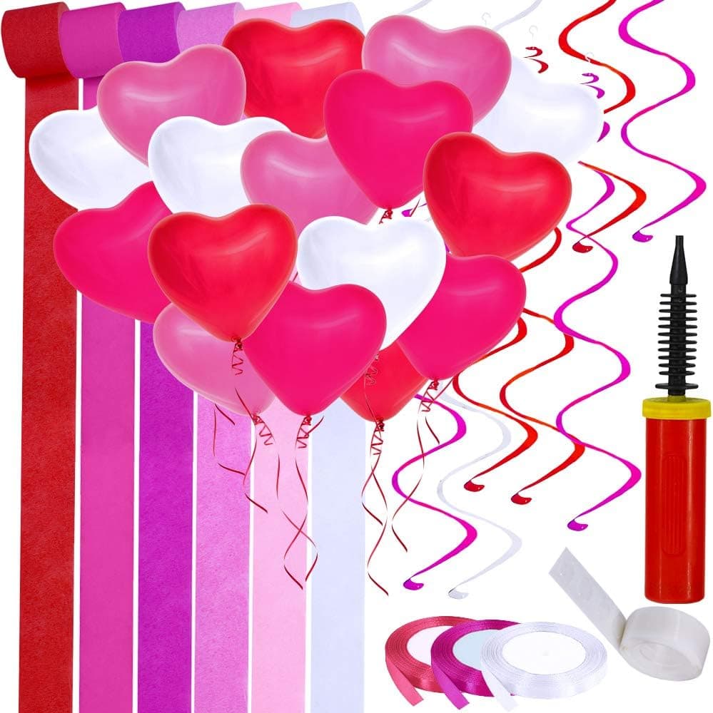 Supla Valentine's Day Party Decoration Supplies Paper Streamers Backdrop Red Pink White Fuchsia Heart Shaped Balloons Latex Balloons Hanging Swirl Streamers Satin Fabric Ribbons Trim with Hand Inflator Pump Double-Sided Adhesive Dots