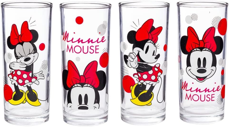 Silver Buffalo Disney Minnie Red Stripe Dots 4 Pack Tumbler Glass Set, 10 Ounces