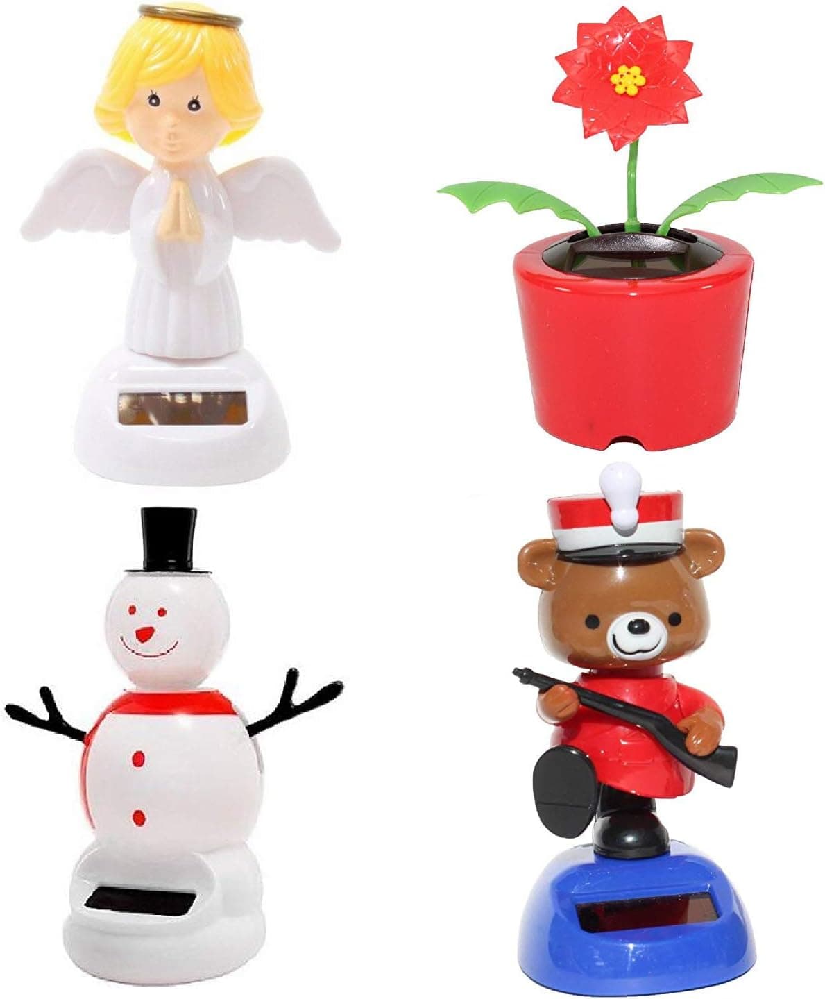 Set of 4~1 Santa+1 Snowman with Black Hat+ 1 Poinsettia +1 Teddy Bear Soldier Christmas Solar Powered Toy Car Dashboard Home Decor Party Gift US Seller