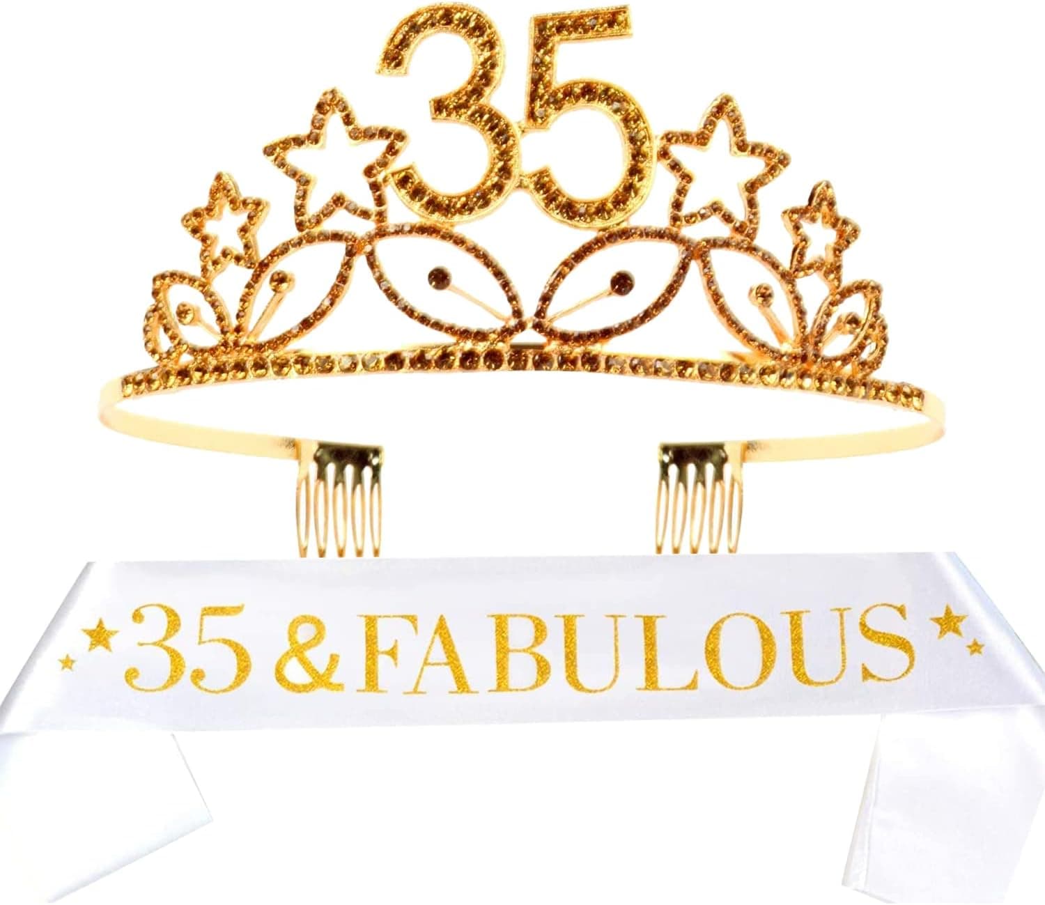 35th Birthday Sash and Tiara for Women - Fabulous Glitter Sash + Stars Rhinestone Gold Premium Metal Tiara for Her, 35th Birthday Gifts for 35 Party