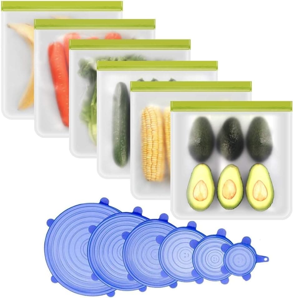 Reusable Gallon Freezer Bag & Silicone Stretch Lid - 12 Packs, 6Pack Reusable Freezer Bags Easy Seal & Leak-Proof, BPA-FREE, 6-Pack Reusable Durable Covers for Bowls, Fit Different Sizes