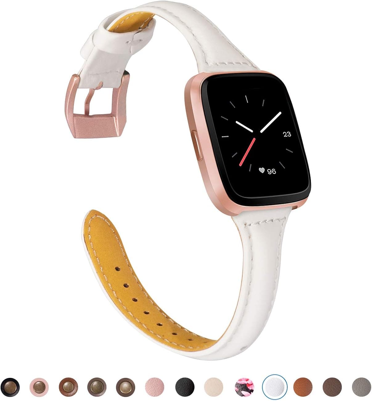 TOYOUTHS Slim Strap Compatible with Fitbit Versa Bands for Women, Breathable Genuine Leather Wristbands Replacement for Versa Lite Edition SE Classic Accessories, White+Rosegold Buckle