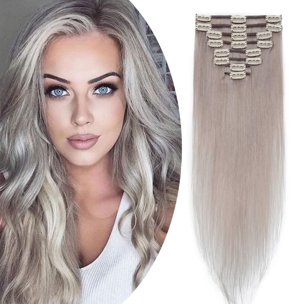 Benehair 8pcs 24inch Remy Human Hair Extensions Clip In Hair Extensions Real Human Hair Highlighted Grey