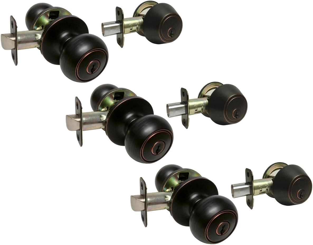 3 Sets Dark Oil Rubbed Bronze Entry Entrance Round Knob with Matching Single Cylinder Deadbolt Combo Pack Kwikset Keyway Keyed Alike