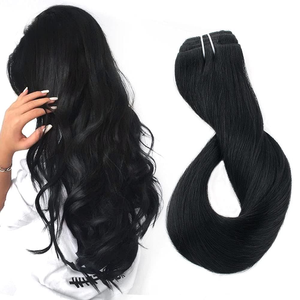 Sixstarhair Jet Black Clip In Hair Extensions Remy Virgin Human Hair Double Wefted Thick Lace Weft Clip On Extensions Fast to Apply 140g 7 Pieces 18inch [Color 1 Jet Black 16inch]