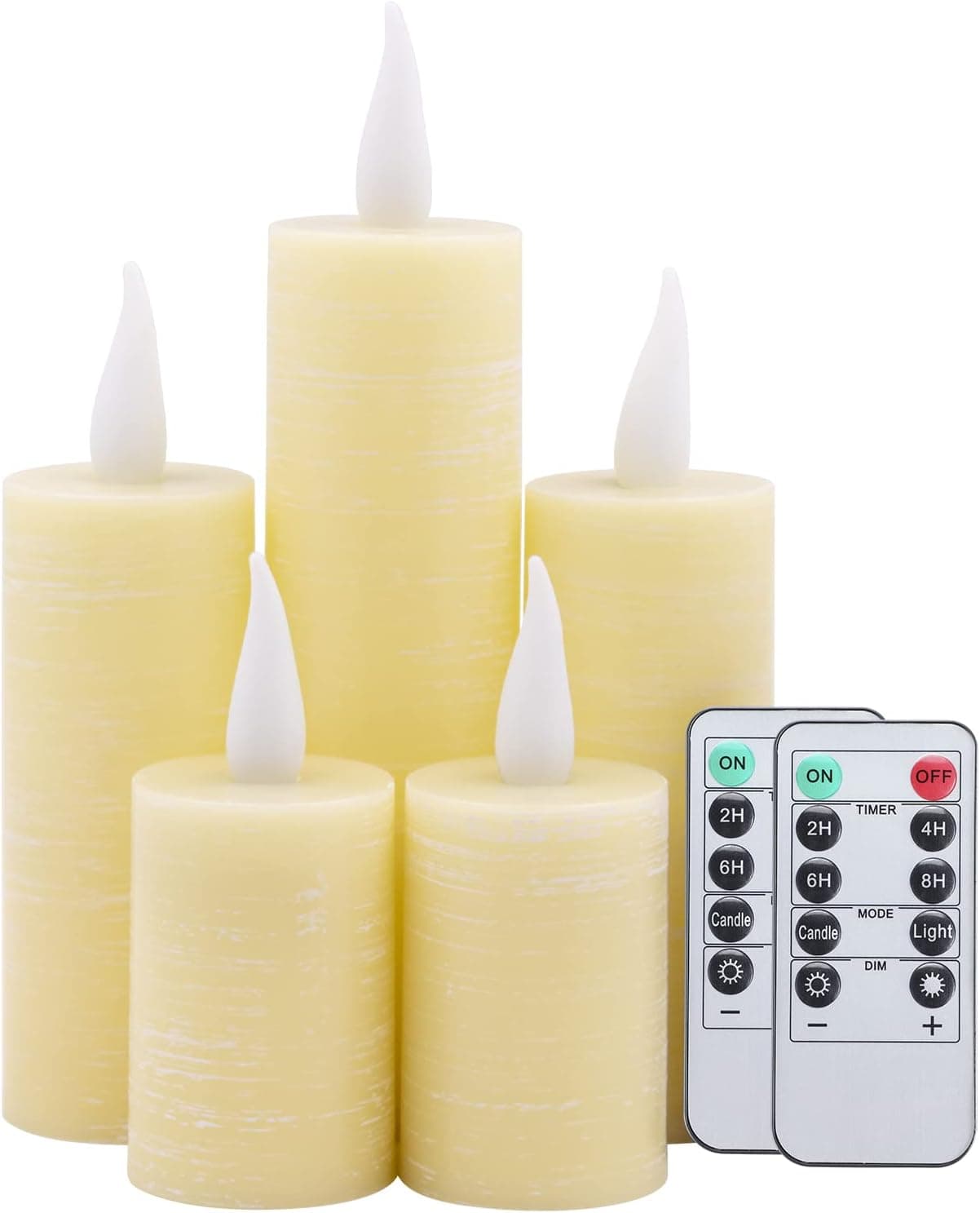 TEWOSCANDLE Flameless Votive Candles, Battery Operated Flickering LED Pillar Candles with Timer and Remote Control, Ivory Plastic, 2"x 4.7"6.7" 8.7", Pack of 5