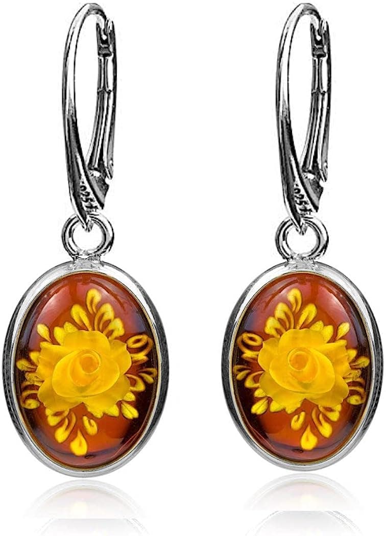 Ian and Valeri Co. Multicolor Amber Sterling Silver Oval Cameo Rose Leverback Earrings