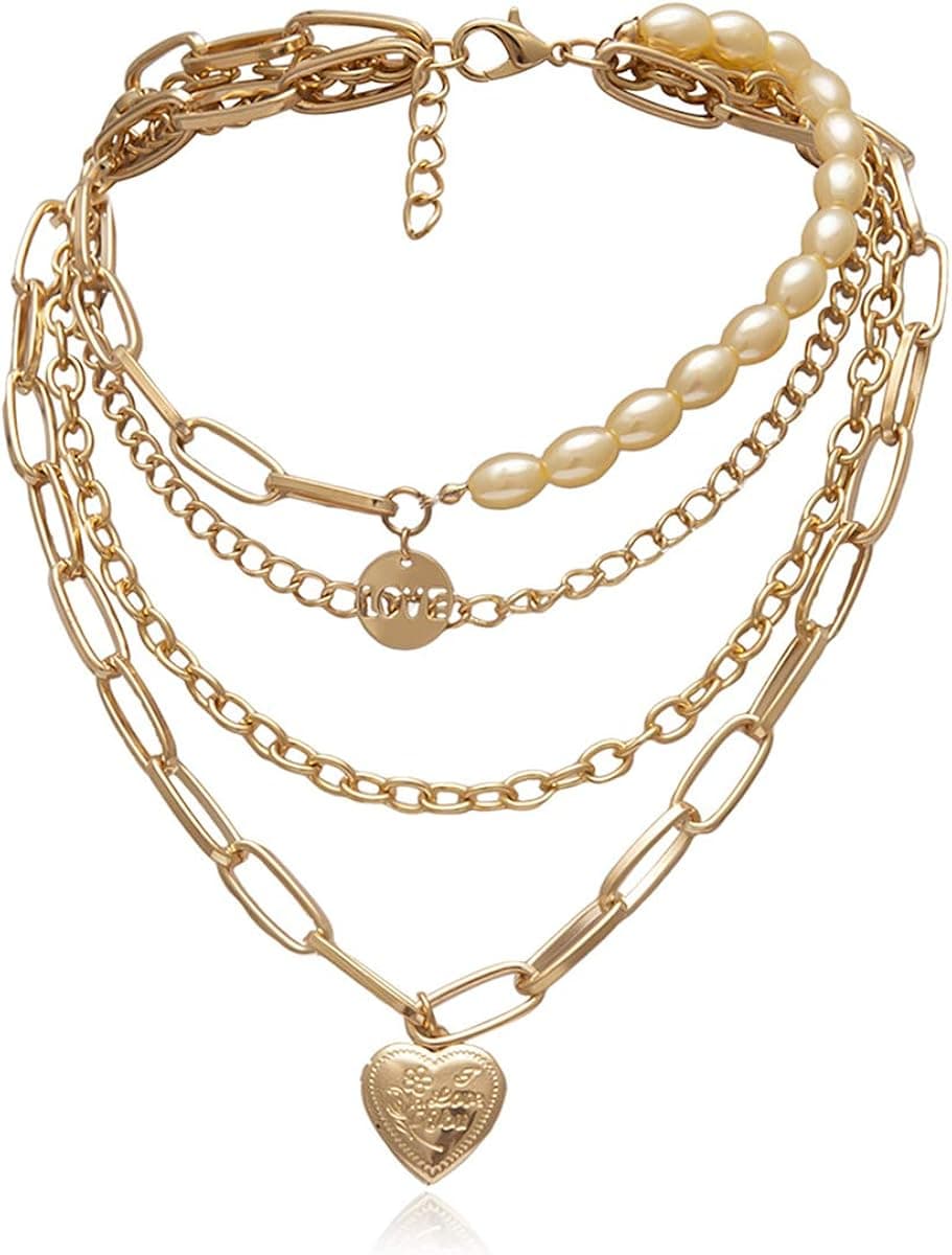 Ingemark Statement Cool Punk Chunky Chain Necklace for Women Girls Heart Shaped Photo Locket Pendant Layered Pearl Choker Necklace (Style 2 Champagne Pearls)
