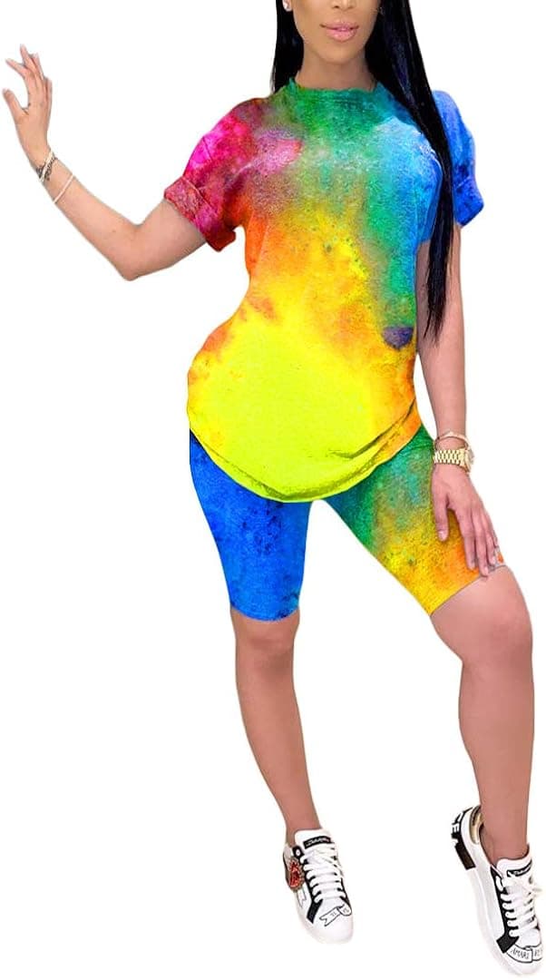 Akk Womens Casual 2 Piece Outfits Tie Dye Short Sleeve T-Shirt High Waisted Shorts Pants Sets