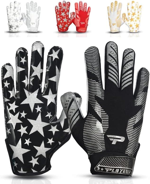 PLAYEUR Star PRO 3.0 Football Gloves with GripPro Technology Extra Tacky Silicone Palm Receiver Lightweight, Perforated and Skin fit Stylish Adult Youth Football Gloves