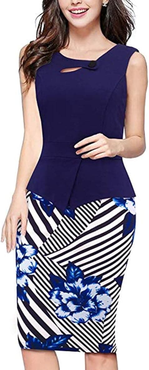 Merope J Womens Floral Patchwork Peplum Sleeveless Summer Office Work(XL,Navy)