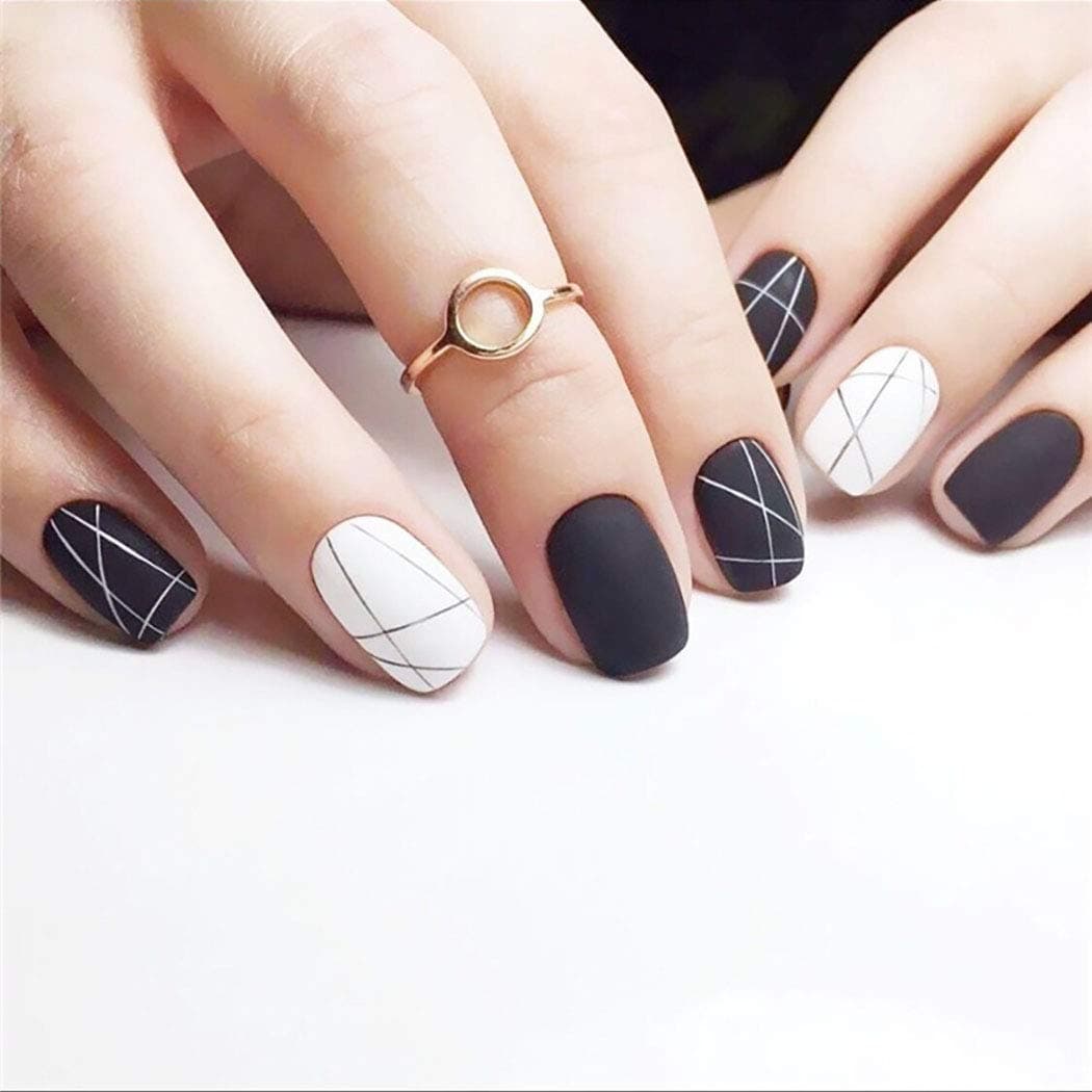 Yikisdy Square Press on Nails Black White Fake Nails Medium False Nails Matte Fingernails for Women and Girls (Pack of 24)