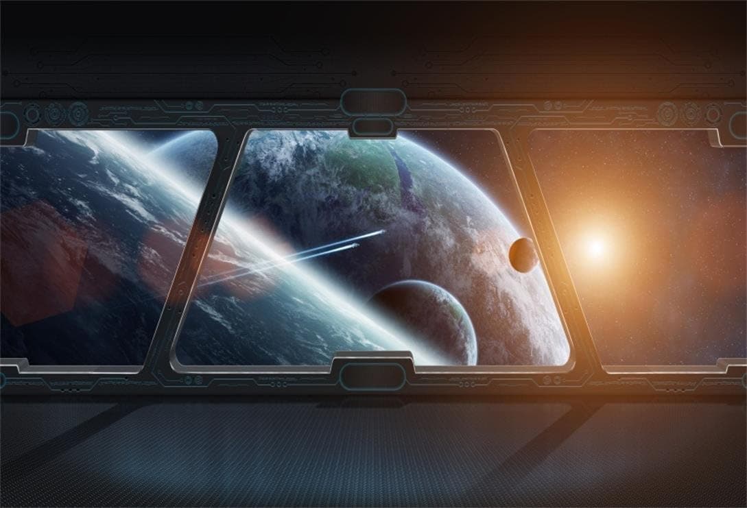 AOFOTO 10x7ft Spaceship Interior with Window View On Planet Backdrop Universe Exploration Science Fiction Spacecraft Photography Background Space Station Photo Booth Studio Props Vinyl Wallpaper