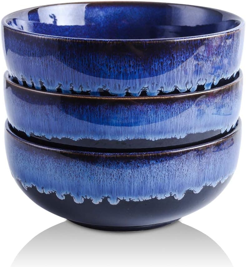 KOOV 58 oz Salad Bowls, Ceramic Bowl Set, Stackable Soup Bowls, Large Bowls, Reactive Glaze Set of 3 (Nebule Aegean)