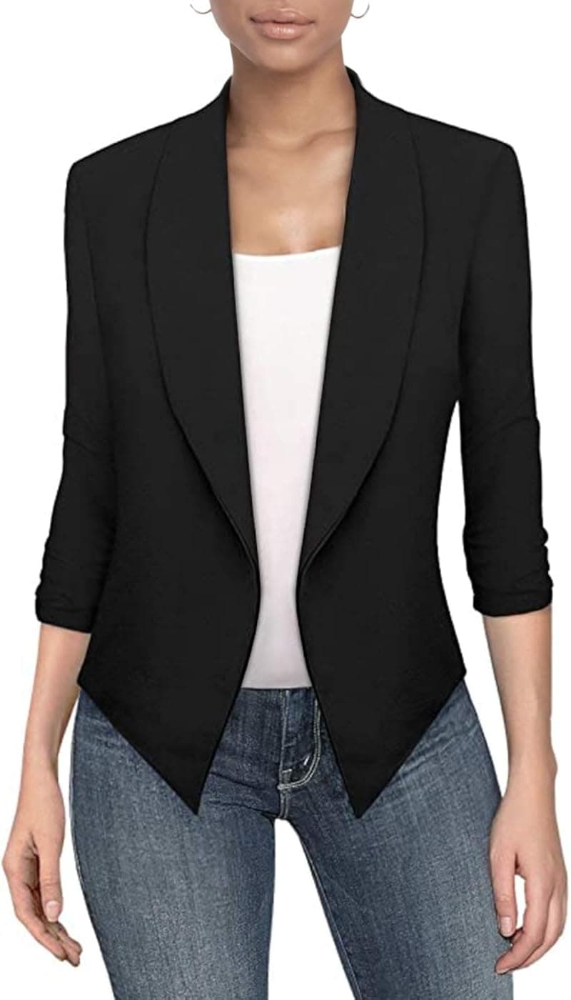 Hybrid Women's Casual Work Office Blazer Jacket Open Front Cardigan Shawl Lapel with Removable Shoulder Pads Made in USA