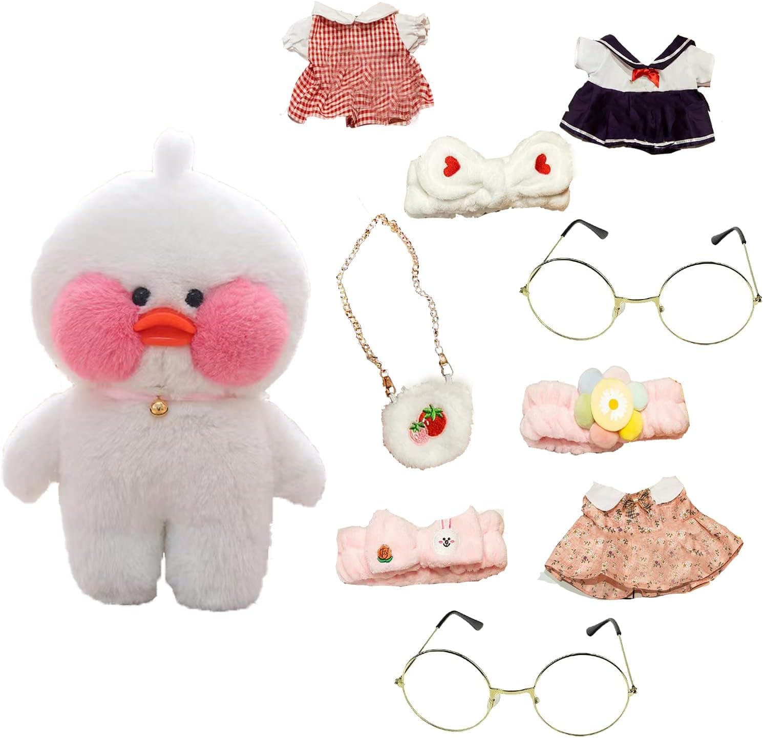 AKRJXCXJD Duck Stuffed Animal Toy with 9 Outfits and Accessories to Match DIY Dress Up Clothes for Duck Plush Toy for Kids（12inch） (1White Duck)