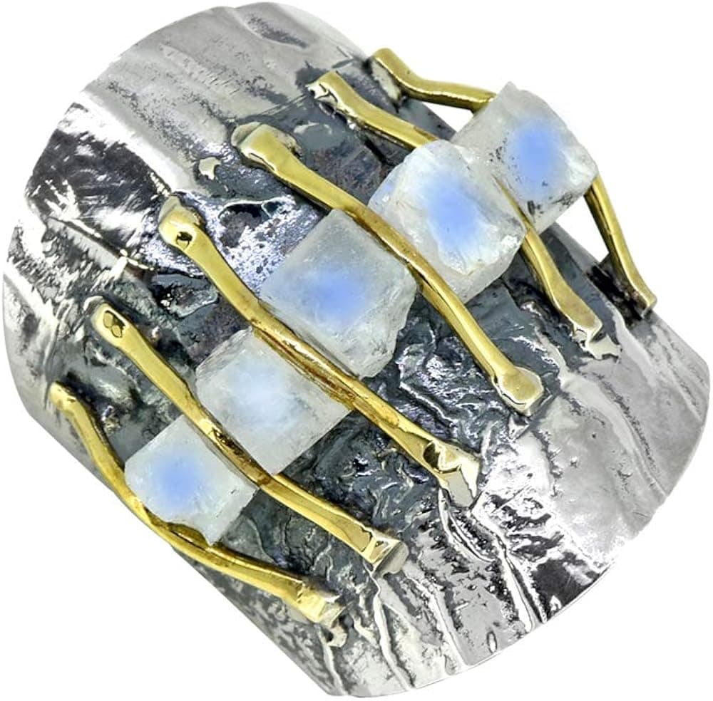 YoTreasure Moonstone Solid 925 Sterling Silver Brass Hammered Gemstone Ring