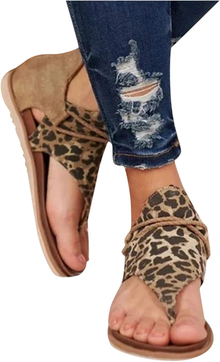 HULKAY Women Summer Sandals Retro Bohemian Back Zipper Leopard Sandals Casual Beach Shoes T-Strap Roman Open-Toe Sandals(Brown,US:6.5-7/Tag:37)