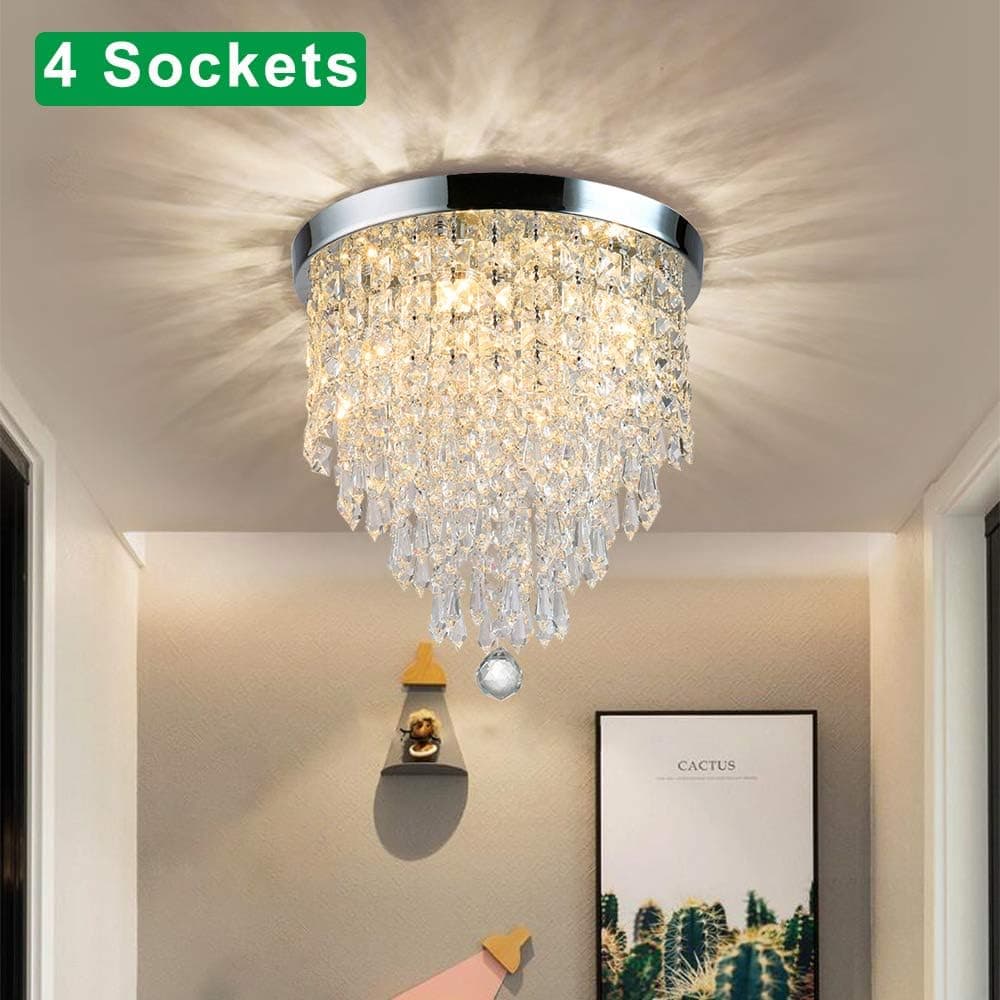 DLLT Modern Crystal Chandelier Fixture, 4-Lights Mini Chandelier Pendant Flush Mount Ceiling Lighting, H12.2'' x W11.8'' Crystal Lights Fixture for Bedroom, Hallway, Kitchen, Bathroom, Living Room