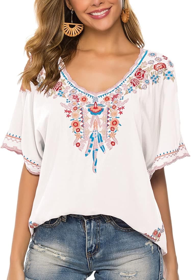 AK Women's Summer Casual Tops Boho Embroidery Mexican Bohemian Tops Shirt Tunic Blouses