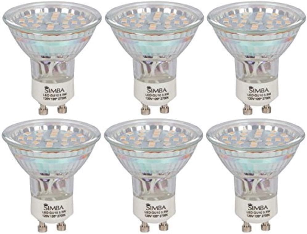Simba Lighting LED GU10 Spotlight 3.5W 380lm 50W Halogen Equivalent 120° Beam Angle 120V for Accent Light, Track Light, Twist-N-Lock Base, Glass Cover, Non-Dimmable Warm White 2700K, 6-Pack