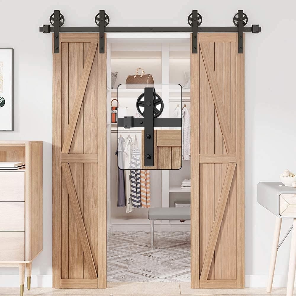 WINSOON 5FT Wood Double Sliding Barn Door Hardware Basic Black Big Spoke Wheel Roller Kit,5-18FT for Choose