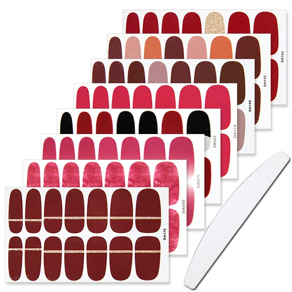 WOKOTO 8 Sheets Adhesive Nail Art Polish Decals Tips With 1Pc Nail File Solid Color Nail Wraps Stickers Strips Set Manicure Design