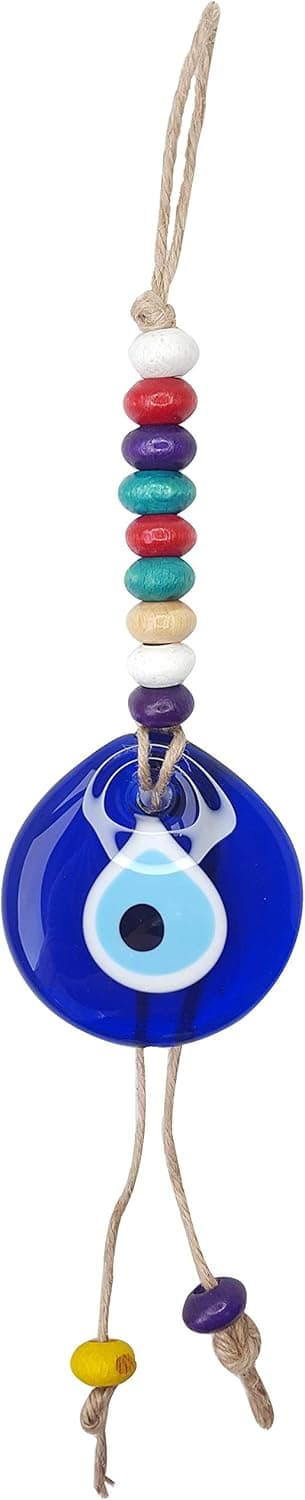Handmade Glass Evil Eye Bead Wall Hanging Decor - DIY Nazar Lucky Blue Charm Talisman Eyes and Colored Beads - Attached to Jute Rope - Turkish Amulet Decorative Ornament Housewarming and Office Gift