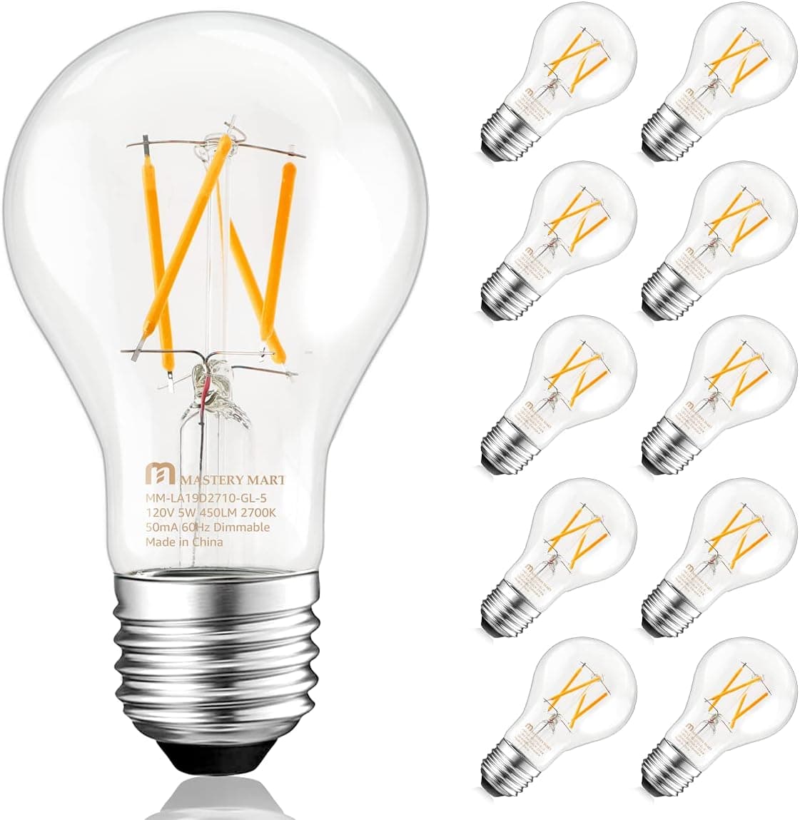 MASTERY MART Dimmable Vintage LED Light Bulb, A19 Glass Antique Edison Style, 5W (Equivalent to 40 Watt), 450LM 2700K Soft White, E26 Base Decorative Filament Bulb, UL and Energy Star, 10 Pack