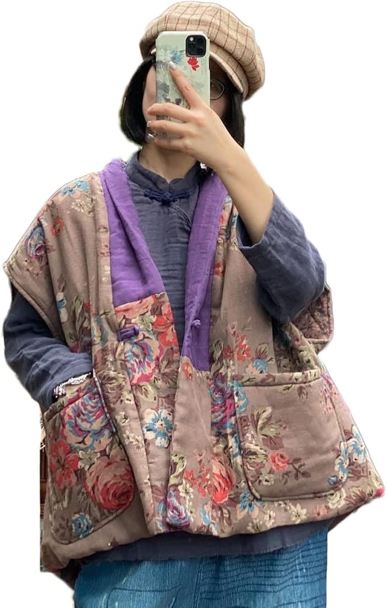 NFYM Women Quilted Vest Shawl Collar Cotton Linen Printed Lightweight Padded Vest Jacket Winter Outwear