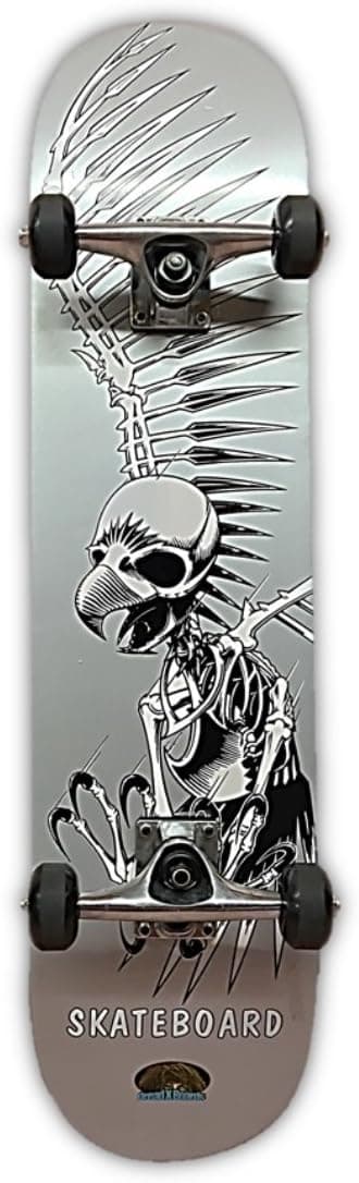 DreadXBoards Winged-Bird-Skeleton Maple Double-Kick-Tail Skateboard 31x8-inch in Silver