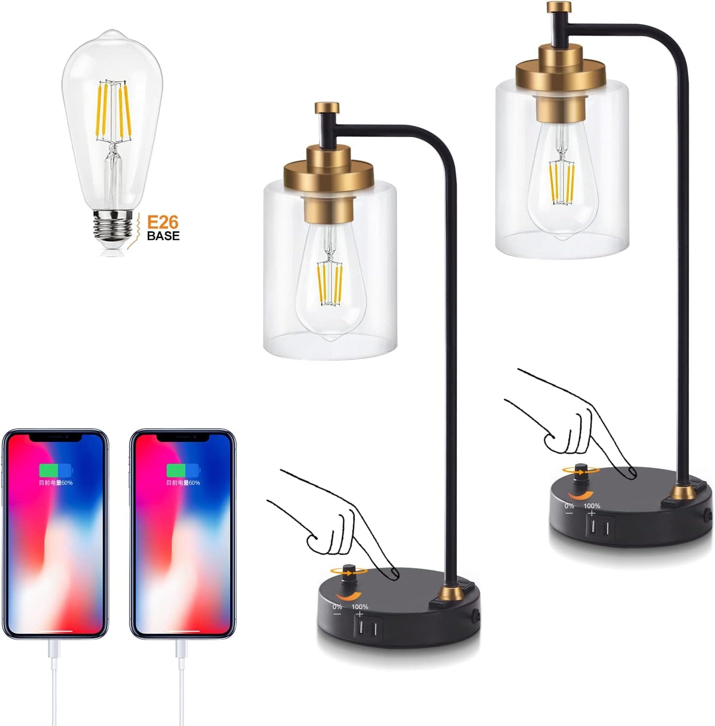 Industrial Table Lamps Set of 2,Bedside Lamps with 2 USB Port and AC Outlet,Dimmable Nightstand Lamp with Clear Glass Shade for Reading Bedroom Living Room(Dimmable Bulb Included)