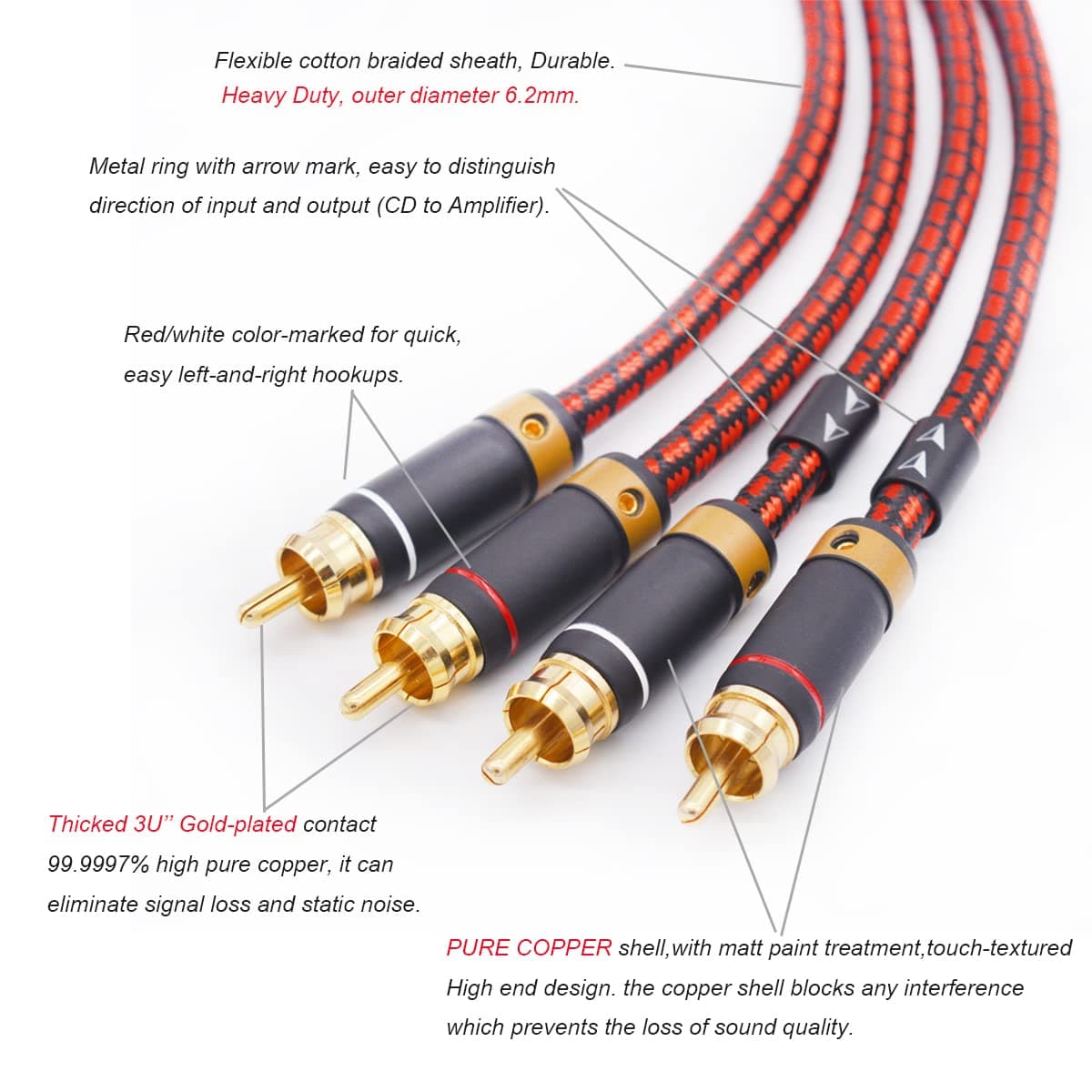 Primeda Auidophile 2RCA Male to 2RCA Male Stereo Audio Cable,Gold Plated | 4N Oxgen-Free Copper Core (9 Feet (3M))