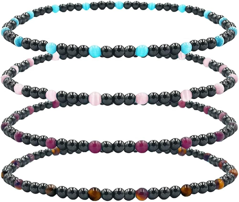 nylry 4Pcs Black Obsidian Anklet for Swelling Anti Swelling Black Obsidian Anklet for Men Women Hematite Anklet Tiger Eye Natural Stone Ankle Bracelets