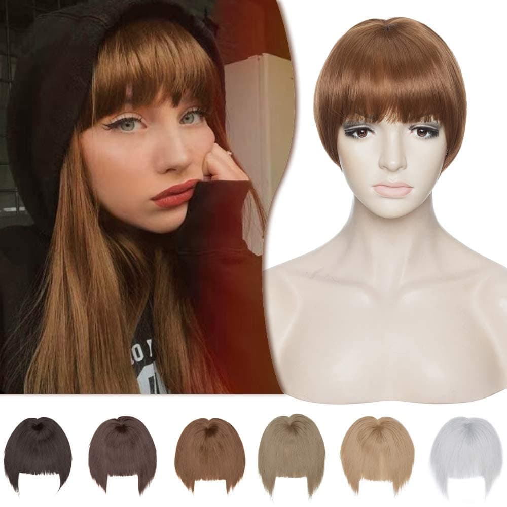 Hairro Clip in Bangs Hair Extensions with Temples Thick Synthetic Hair Clip in Forehead Toppers for Women with Short Blunt Cut Full Fringe Small Toupee Hairpiece for Hair Loss Thinning Hair 12# Brown