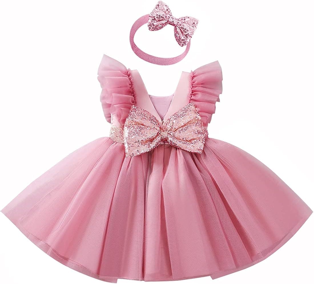 KLFFLGID Baby Girl Sequins Bowknot Butterfly Dress Infant Toddler Tutu Flower Girls Wedding Birthday Party Dresses
