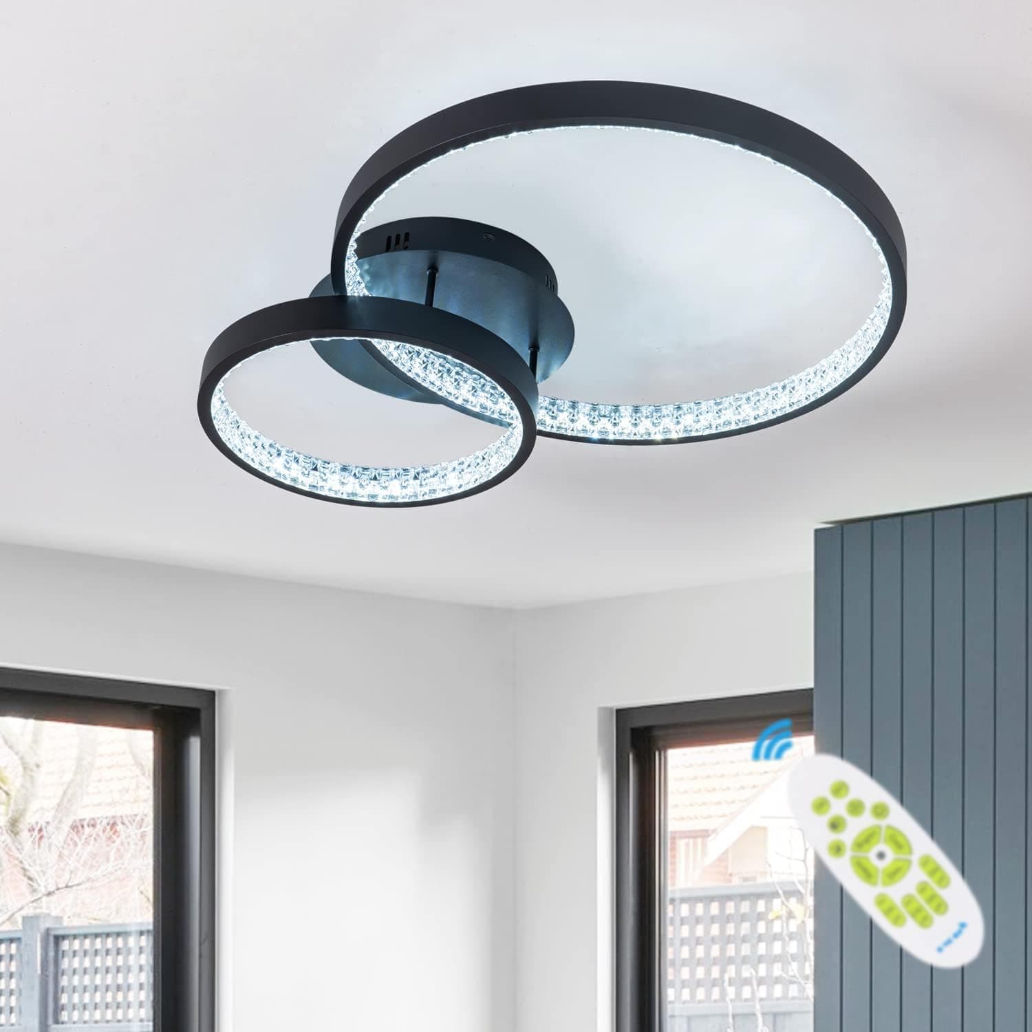 CHYING Modern LED Ceiling Light with Crystal Shape 2 Rings Flush Mount Ceiling Light 40W Dimmable Chandelier with Remote Control Acrylic Ceiling Lamp Fixture for Living Room Dining Room Bedroom, Black