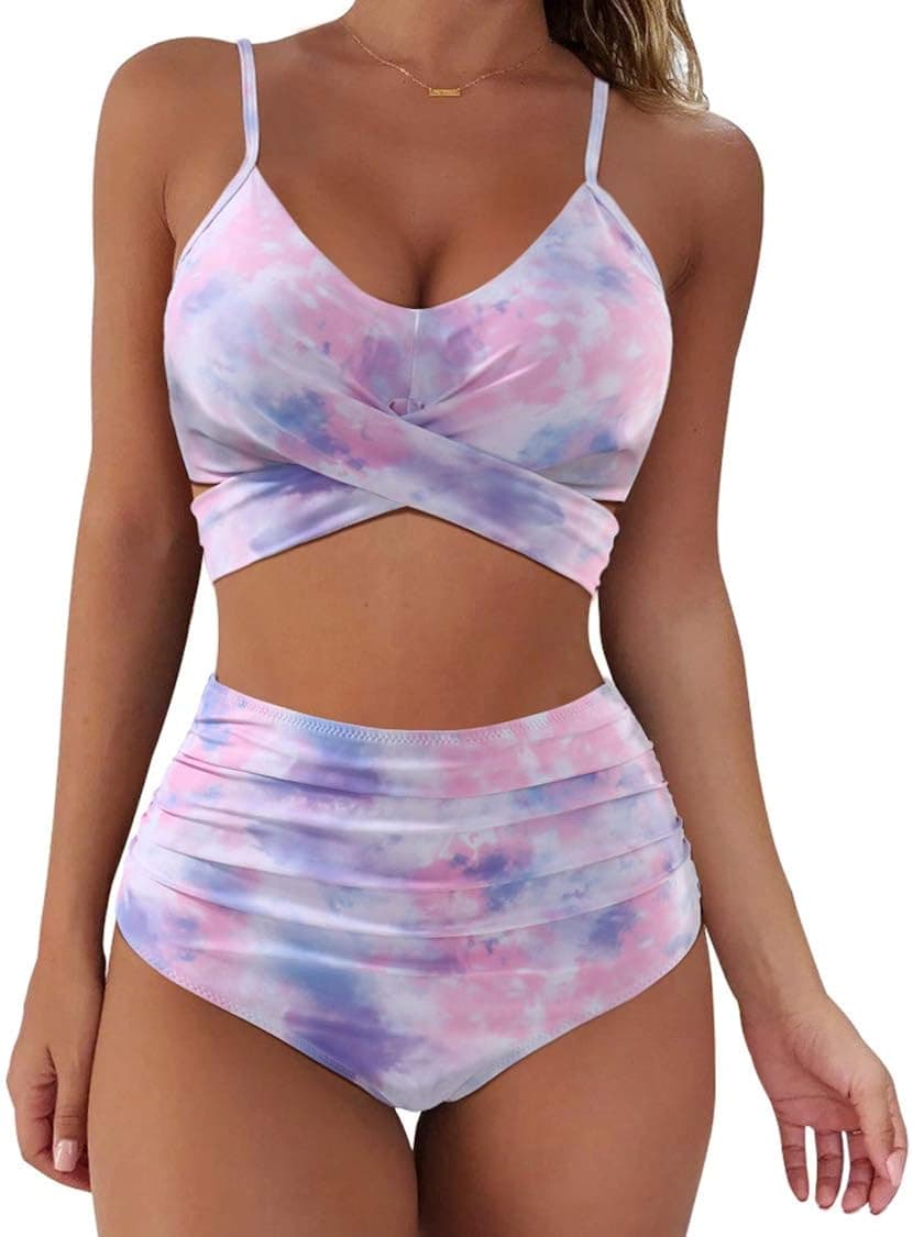SUUKSESS Women High Waisted Bikini Push Up Wrap Bandage Swimsuits 2 Pieces (L, Tie Dye)