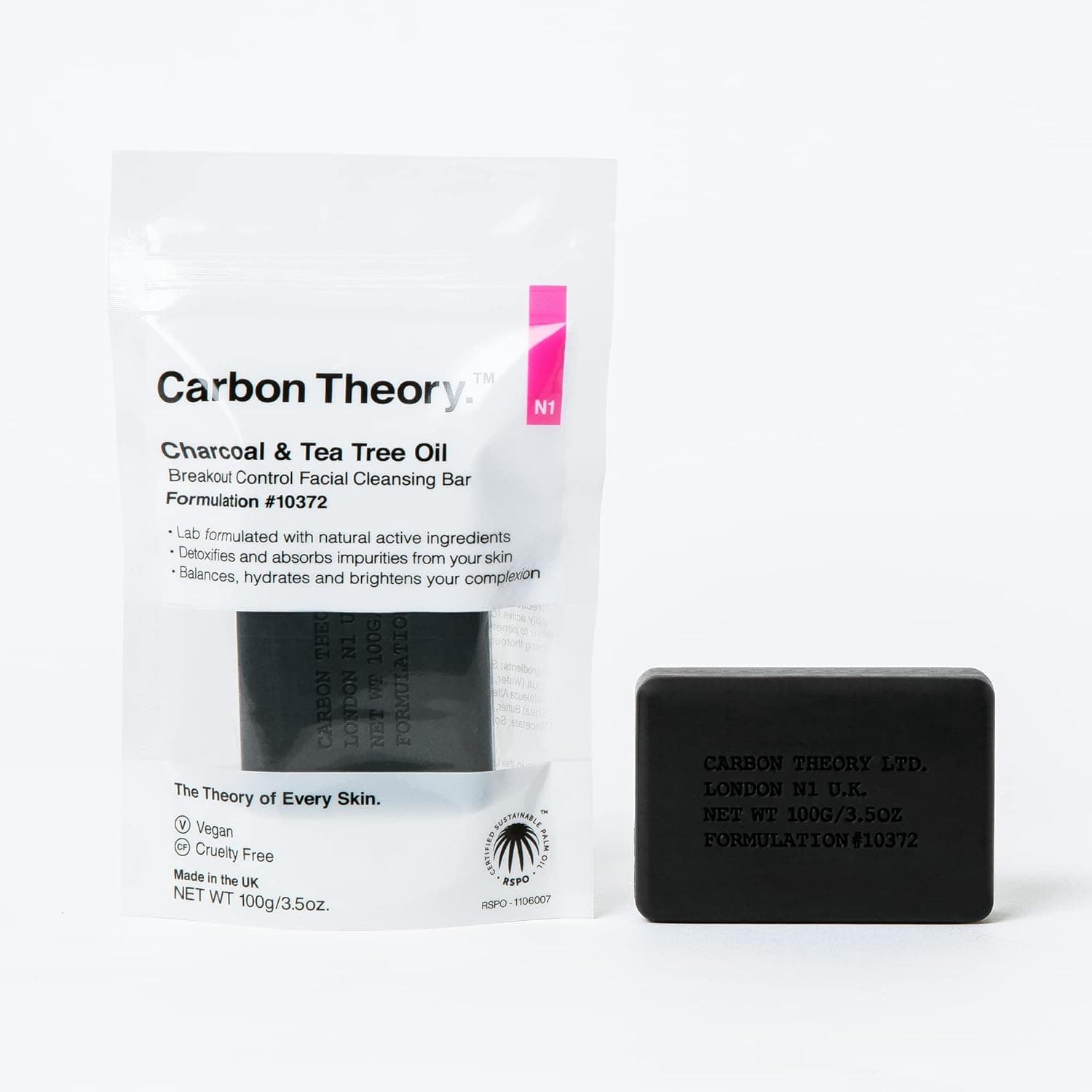 Carbon Theory | Charcoal & Tea Tree Oil Facial Cleansing Bar in Resealable Travel Pack | 100g