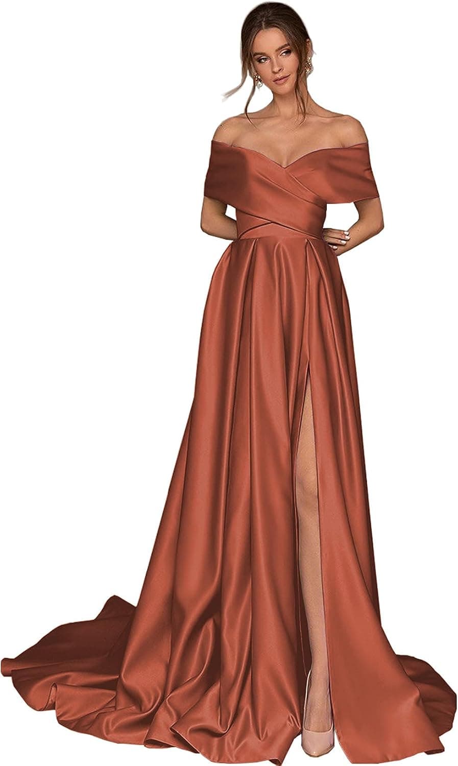 ZMOVQA Off The Shoulder Satin Prom Dresses with Slit A Line Lace Up Corset Back Long Formal Evening Gown