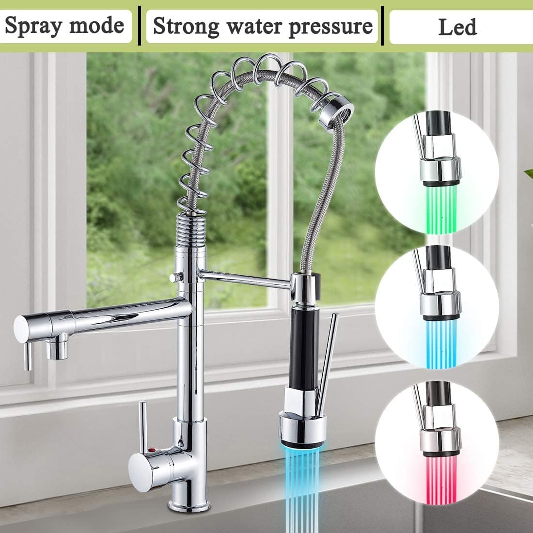 FUZ LED Chrome Commercial Pull Down Kitchen Sink Faucet Single Lever Single Hole High Arc Spring Double Function Faucet Deck Mounted Mixer Tap 360° Rotation…
